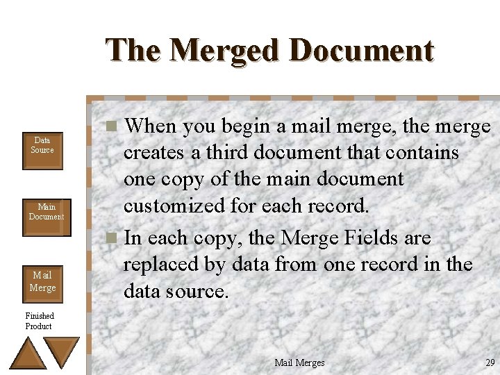 The Merged Document Data Source Main Document Mail Merge n When you begin a