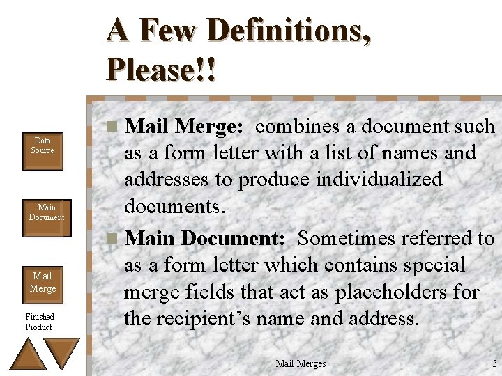 A Few Definitions, Please!! Data Source Main Document Mail Merge Finished Product n Mail