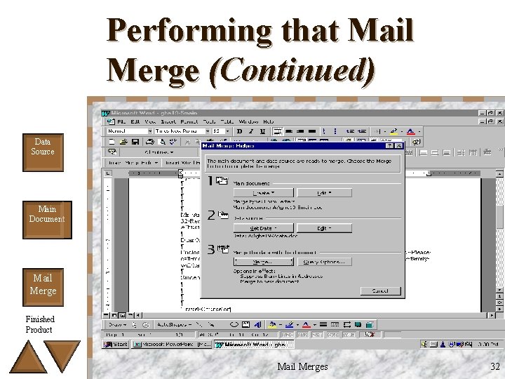 Performing that Mail Merge (Continued) Data Source Main Document Mail Merge Finished Product Mail