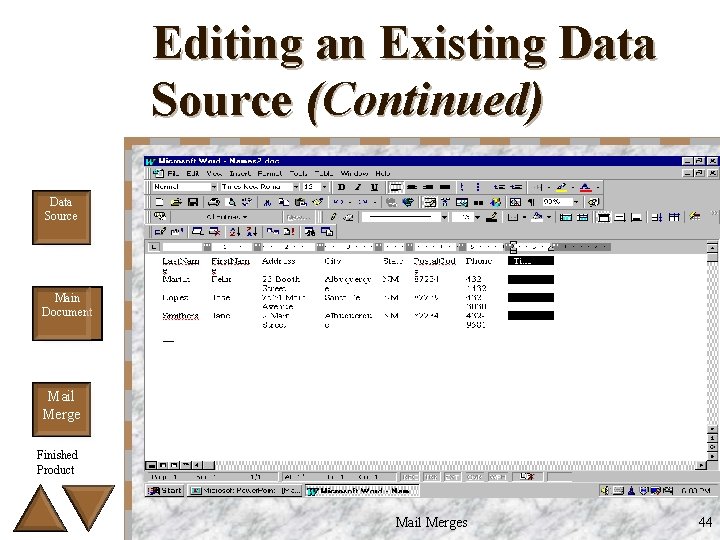 Editing an Existing Data Source (Continued) Data Source Main Document Mail Merge Finished Product