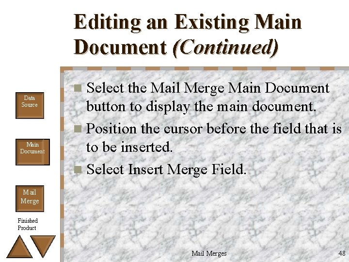 Editing an Existing Main Document (Continued) Data Source Main Document n Select the Mail