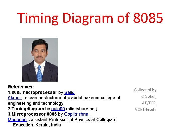 Timing Diagram of 8085 References: 1. 8085 microprocessor by Sajid Akram, researcher/lecturer at c.