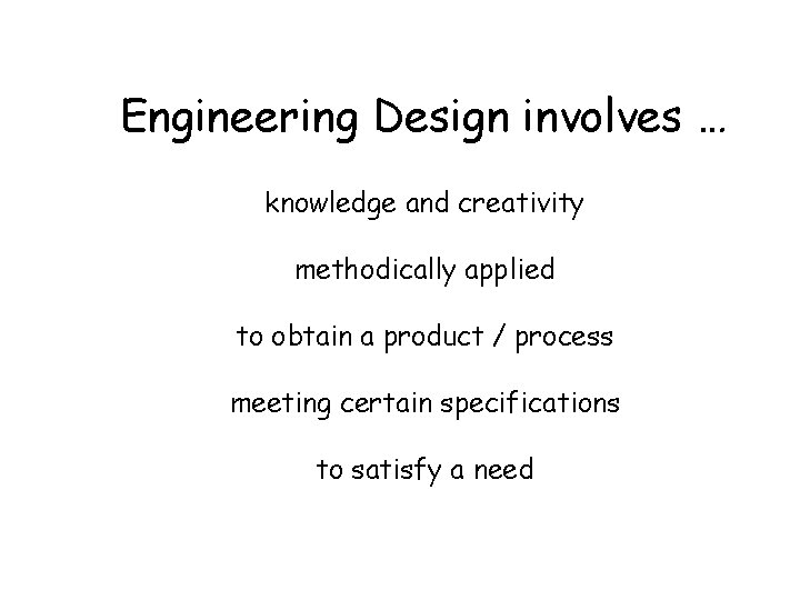 Engineering Design involves … knowledge and creativity methodically applied to obtain a product /