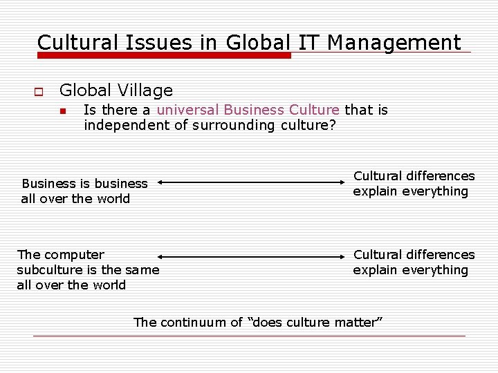 Cultural Issues in Global IT Management o Global Village n Is there a universal