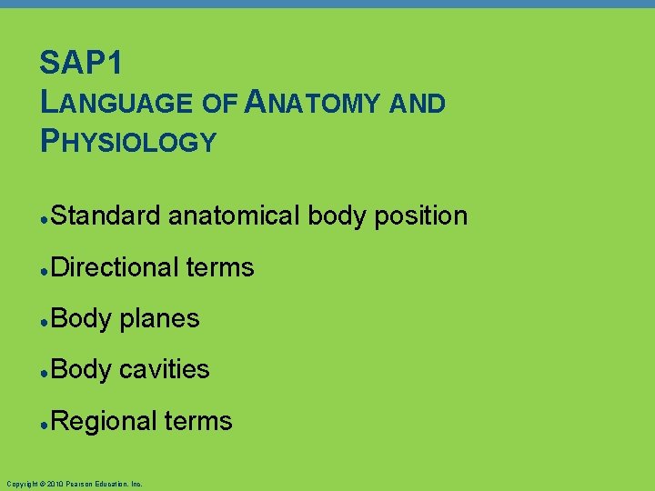 SAP 1 LANGUAGE OF ANATOMY AND PHYSIOLOGY ● Standard anatomical body position ● Directional SAP 1 LANGUAGE OF ANATOMY AND PHYSIOLOGY ● Standard anatomical body position ● Directional