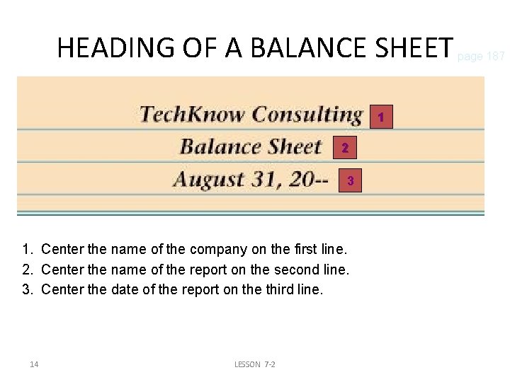 HEADING OF A BALANCE SHEET 1 2 3 1. Center the name of the