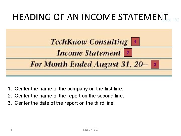 HEADING OF AN INCOME STATEMENT page 182 1 2 3 1. Center the name