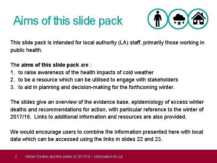 Aims of this slide pack This slide pack is intended for local authority (LA)