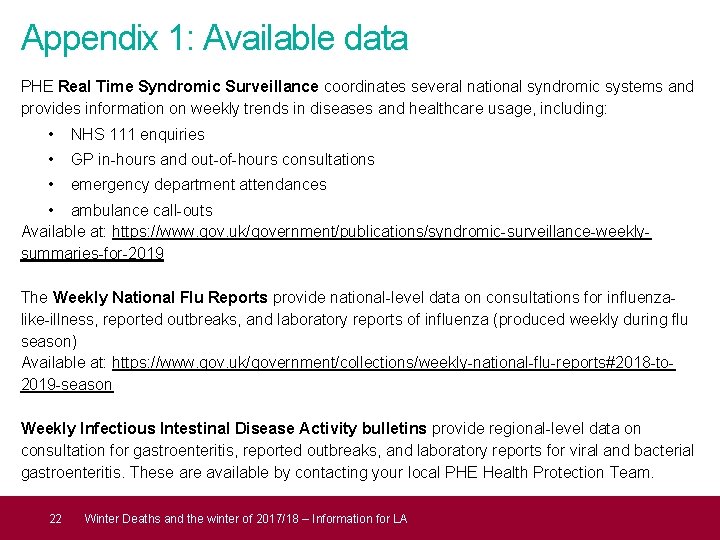 Appendix 1: Available data PHE Real Time Syndromic Surveillance coordinates several national syndromic systems