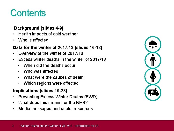 Contents Background (slides 4 -9) • Health impacts of cold weather • Who is