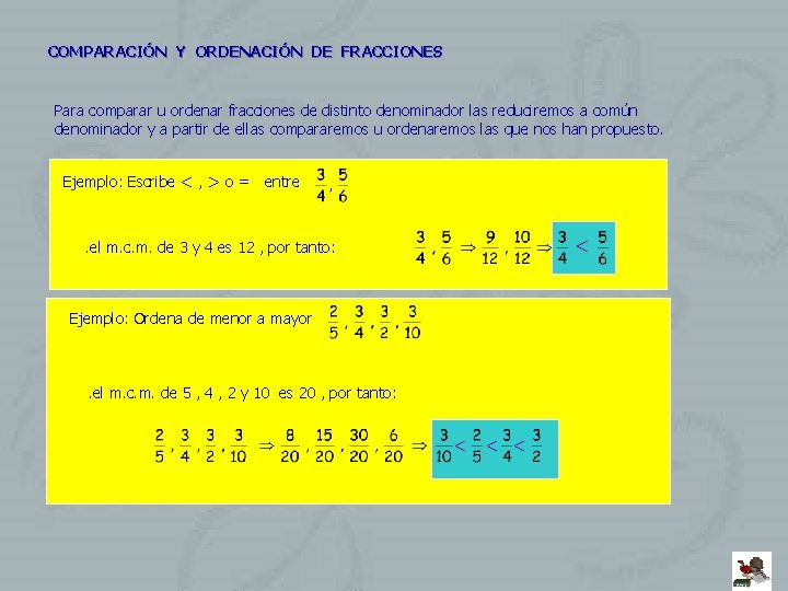 COMPARACIÓN Y ORDENACIÓN DE FRACCIONES Para comparar u ordenar fracciones de distinto denominador las