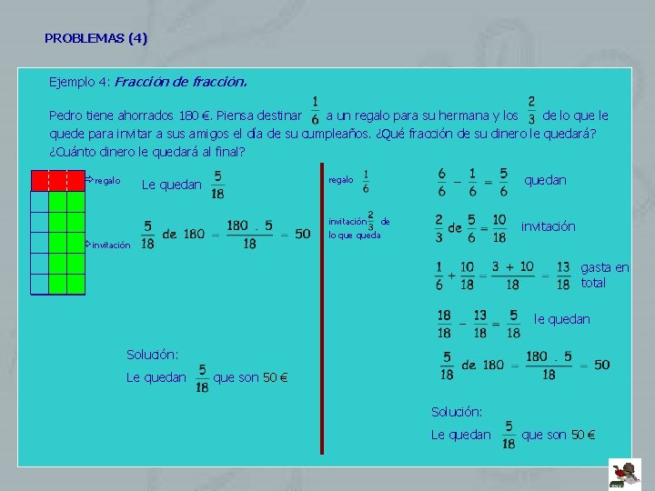 PROBLEMAS (4) Ejemplo 4: Fracción de fracción. Pedro tiene ahorrados 180 €. Piensa destinar