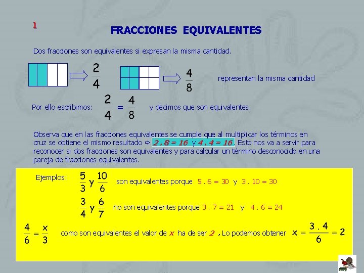 1 FRACCIONES EQUIVALENTES Dos fracciones son equivalentes si expresan la misma cantidad. representan la