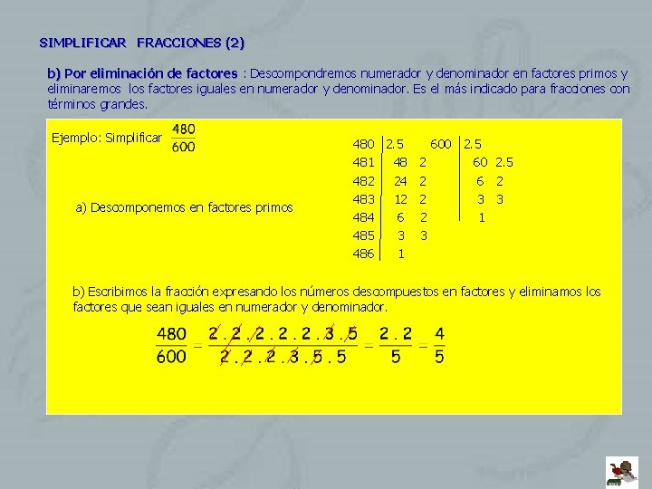SIMPLIFICAR FRACCIONES (2) b) Por eliminación de factores : Descompondremos numerador y denominador en