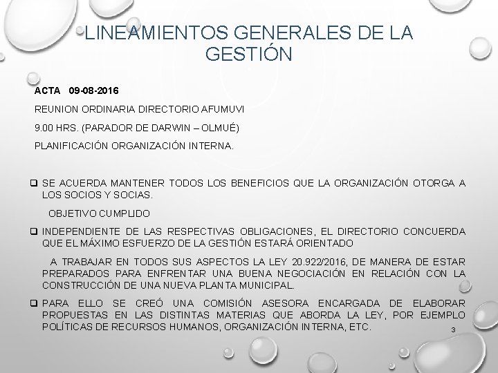 LINEAMIENTOS GENERALES DE LA GESTIÓN ACTA 09 -08 -2016 REUNION ORDINARIA DIRECTORIO AFUMUVI 9. LINEAMIENTOS GENERALES DE LA GESTIÓN ACTA 09 -08 -2016 REUNION ORDINARIA DIRECTORIO AFUMUVI 9.