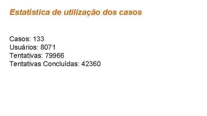 Estatística de utilização dos casos Casos: 133 Usuários: 8071 Tentativas: 79966 Tentativas Concluídas: 42360