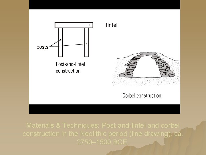 Materials & Techniques: Post-and-lintel and corbel construction in the Neolithic period (line drawing). ca. Materials & Techniques: Post-and-lintel and corbel construction in the Neolithic period (line drawing). ca.