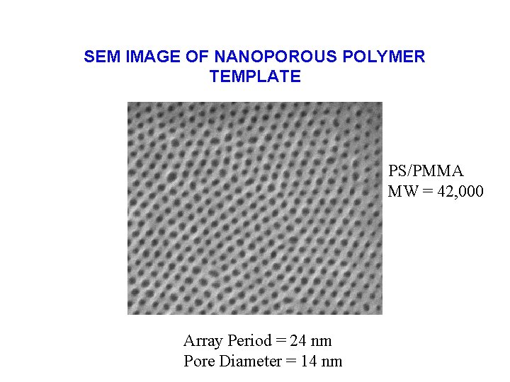 SEM IMAGE OF NANOPOROUS POLYMER TEMPLATE PS/PMMA MW = 42, 000 Array Period =