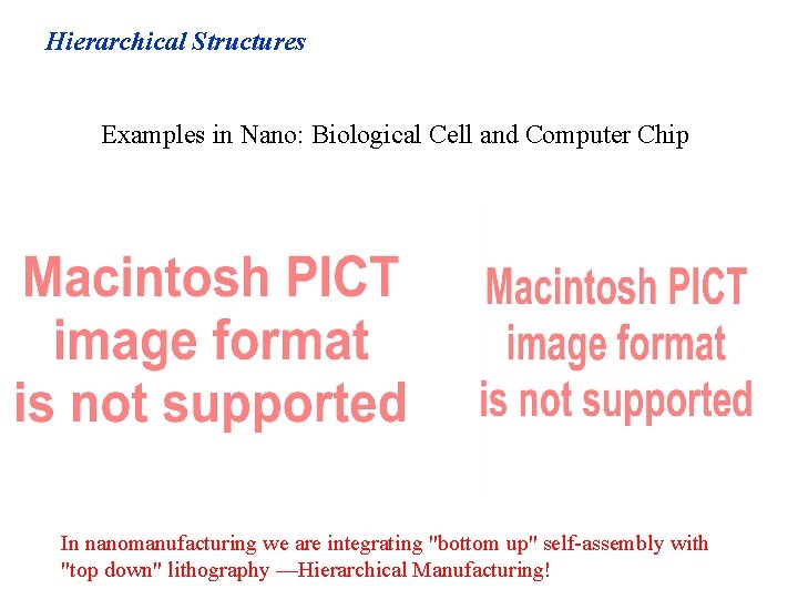 Hierarchical Structures Examples in Nano: Biological Cell and Computer Chip In nanomanufacturing we are