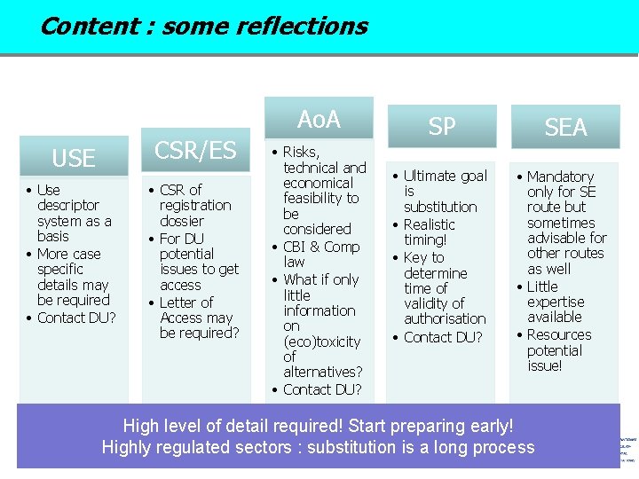 Content : some reflections Ao. A CSR/ES USE • Use descriptor system as a