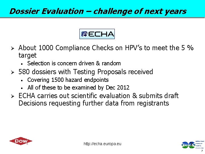 Dossier Evaluation – challenge of next years Ø About 1000 Compliance Checks on HPV’s