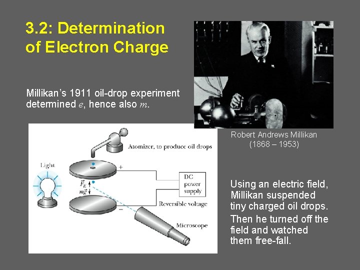 3. 2: Determination of Electron Charge Millikan’s 1911 oil-drop experiment determined e, hence also 3. 2: Determination of Electron Charge Millikan’s 1911 oil-drop experiment determined e, hence also