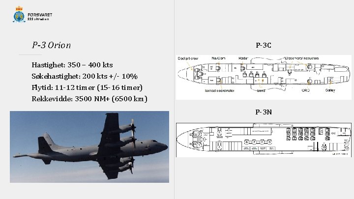 333 skvadron P-3 Orion P-3 C Hastighet: 350 – 400 kts Søkehastighet: 200 kts