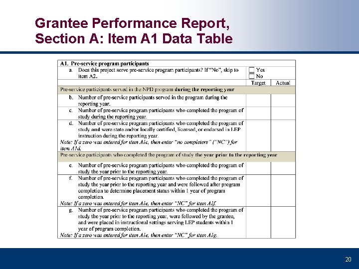 Grantee Performance Report, Section A: Item A 1 Data Table 20 