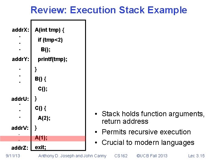 Review: Execution Stack Example addr. X: . . . A(int tmp) { if (tmp<2)