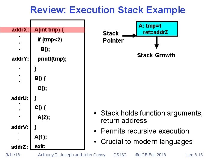 Review: Execution Stack Example addr. X: . . . A(int tmp) { if (tmp<2)