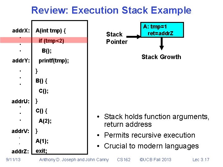 Review: Execution Stack Example addr. X: . . . A(int tmp) { if (tmp<2)