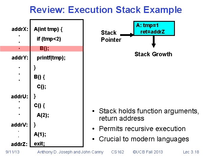 Review: Execution Stack Example addr. X: . . . A(int tmp) { if (tmp<2)