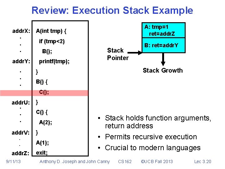 Review: Execution Stack Example addr. X: . . . A(int tmp) { if (tmp<2)