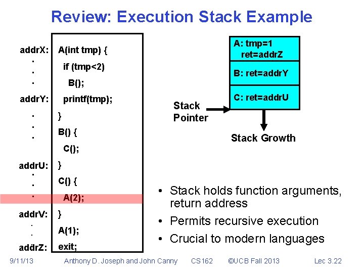 Review: Execution Stack Example addr. X: . . . A(int tmp) { if (tmp<2)