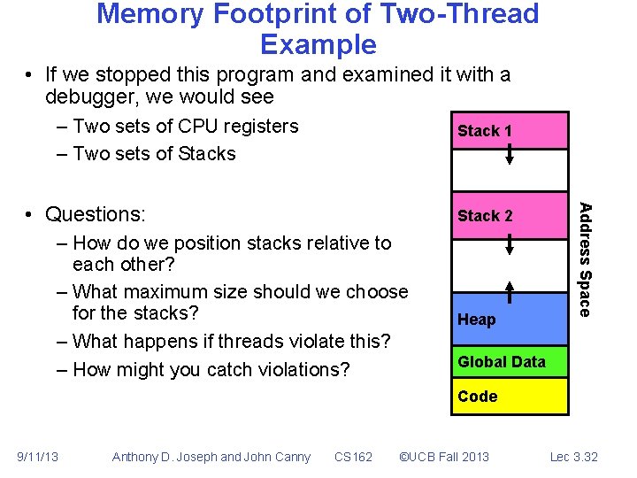 Memory Footprint of Two-Thread Example • If we stopped this program and examined it