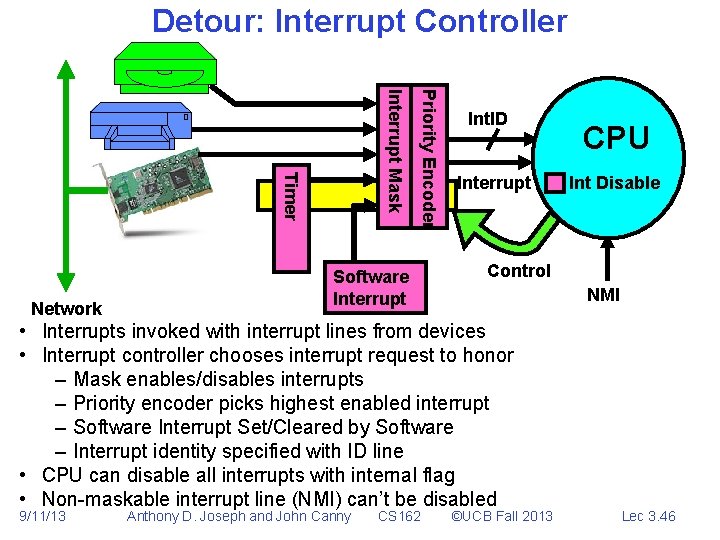 Detour: Interrupt Controller Priority Encoder Interrupt Mask Timer Network Software Interrupt Int. ID Interrupt