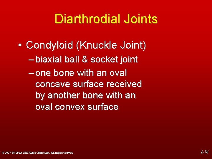 Diarthrodial Joints • Condyloid (Knuckle Joint) – biaxial ball & socket joint – one