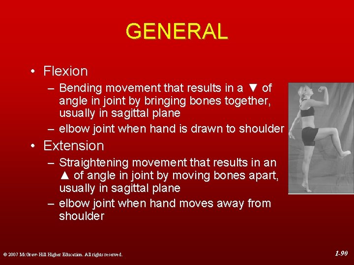 GENERAL • Flexion – Bending movement that results in a ▼ of angle in