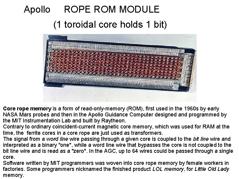Apollo ROPE ROM MODULE (1 toroidal core holds 1 bit) Core rope memory is