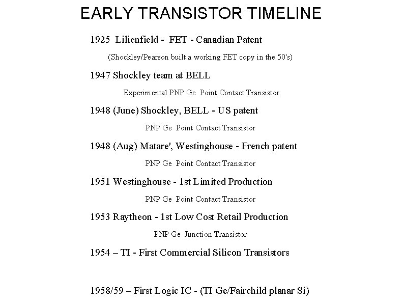 EARLY TRANSISTOR TIMELINE 1925 Lilienfield - FET - Canadian Patent (Shockley/Pearson built a working