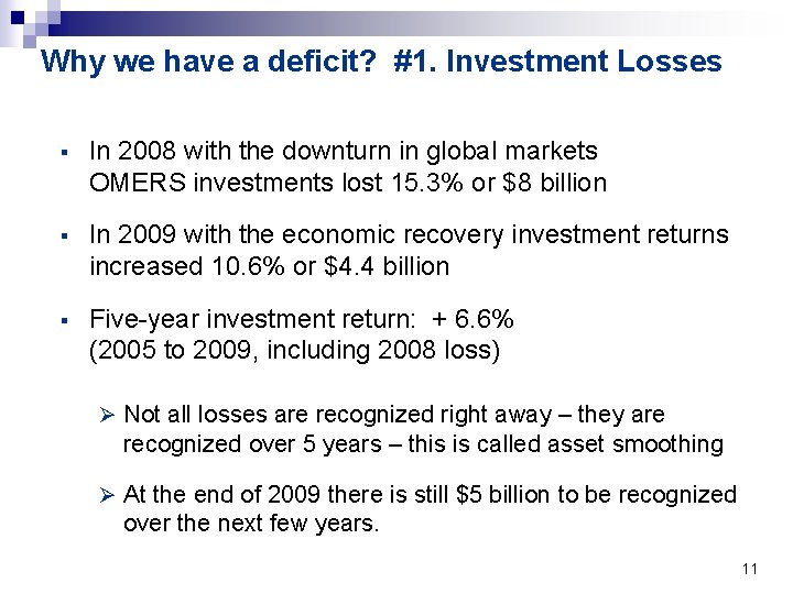 Why we have a deficit? #1. Investment Losses § In 2008 with the downturn