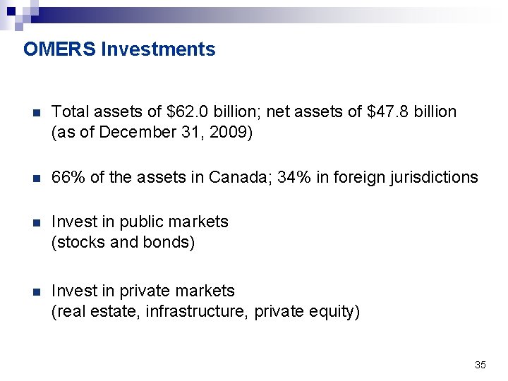 OMERS Investments n Total assets of $62. 0 billion; net assets of $47. 8