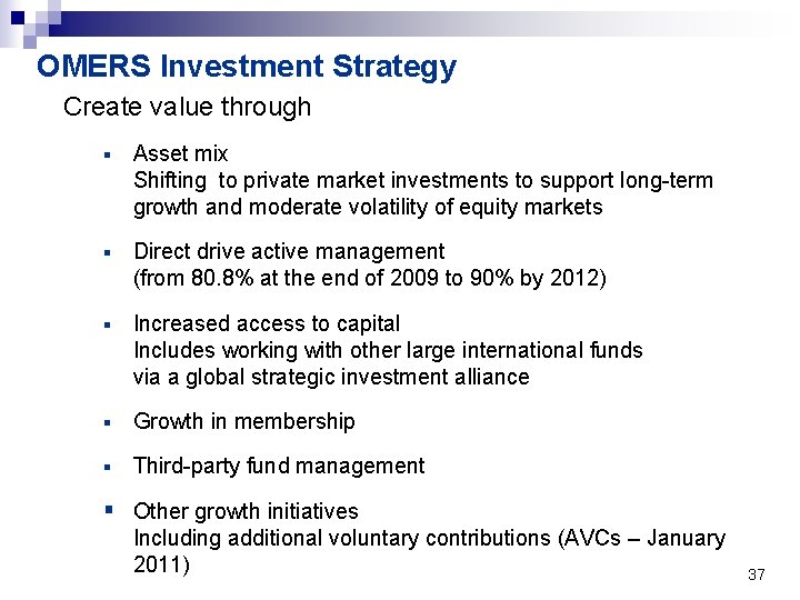 OMERS Investment Strategy Create value through § Asset mix Shifting to private market investments