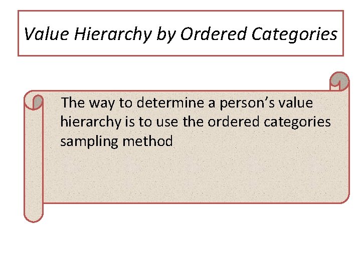 Value Hierarchy by Ordered Categories The way to determine a person’s value hierarchy is