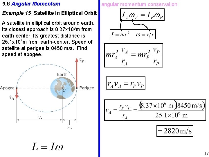 9. 6 Angular Momentum angular momentum conservation Example 15 Satellite in Elliptical Orbit A