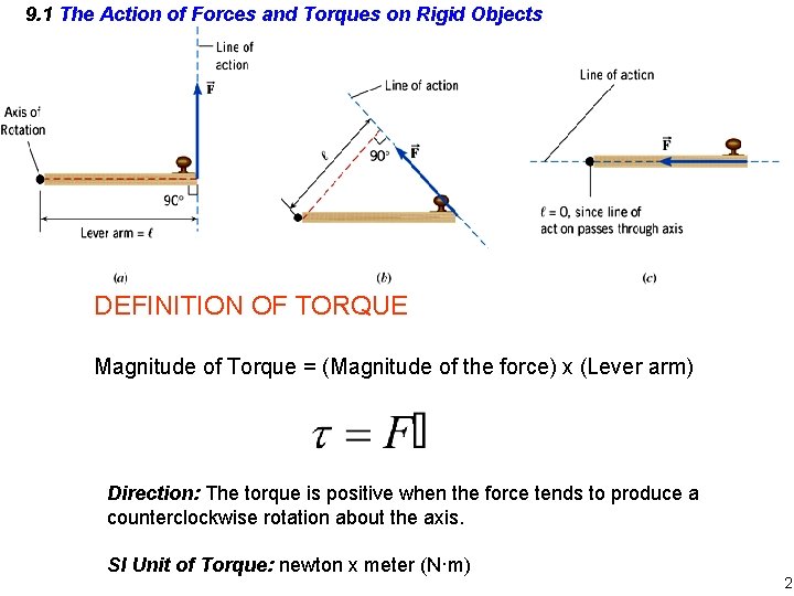 9. 1 The Action of Forces and Torques on Rigid Objects DEFINITION OF TORQUE