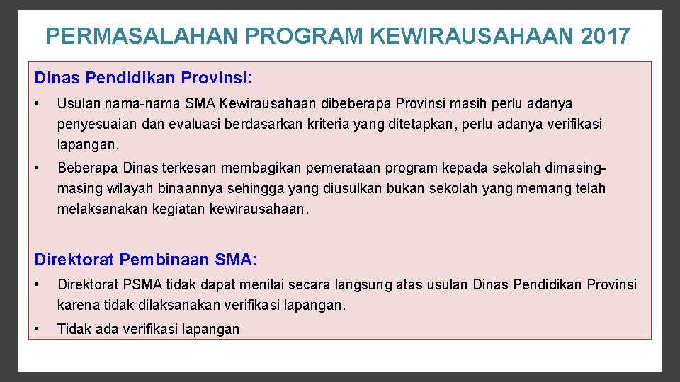 PERMASALAHAN PROGRAM KEWIRAUSAHAAN 2017 Dinas Pendidikan Provinsi: • Usulan nama-nama SMA Kewirausahaan dibeberapa Provinsi