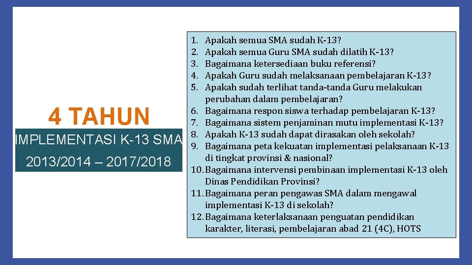 1. 2. 3. 4. 5. 4 TAHUN IMPLEMENTASI K-13 SMA 2013/2014 – 2017/2018 Apakah