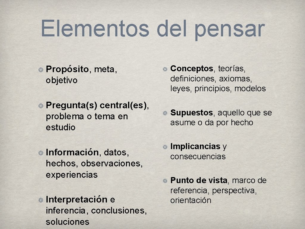 Elementos del pensar Propósito, meta, objetivo Conceptos, teorías, definiciones, axiomas, leyes, principios, modelos Pregunta(s)