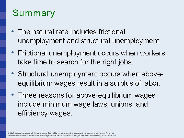 Summary • The natural rate includes frictional unemployment and structural unemployment. • Frictional unemployment